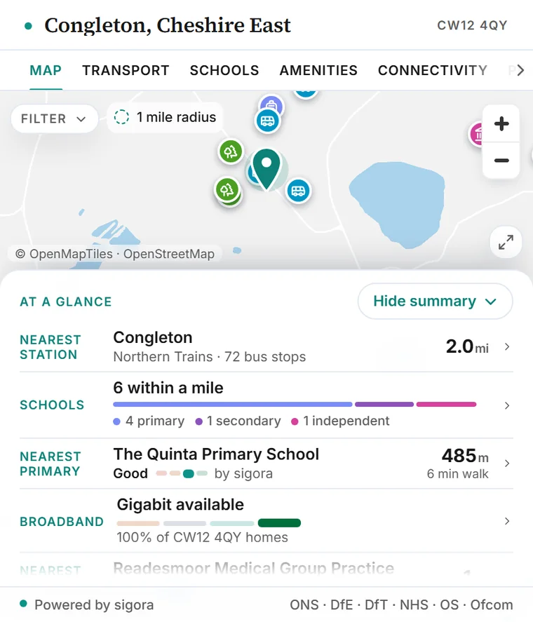 The Area Map on a phone, with the at-a-glance summary open